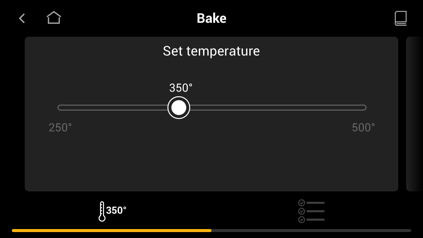 Oven UI for setting temperature on a bake using the temperature slider