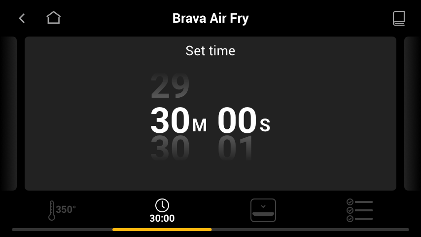 Oven UI for setting minutes and seconds on the Brava Air Fry timer