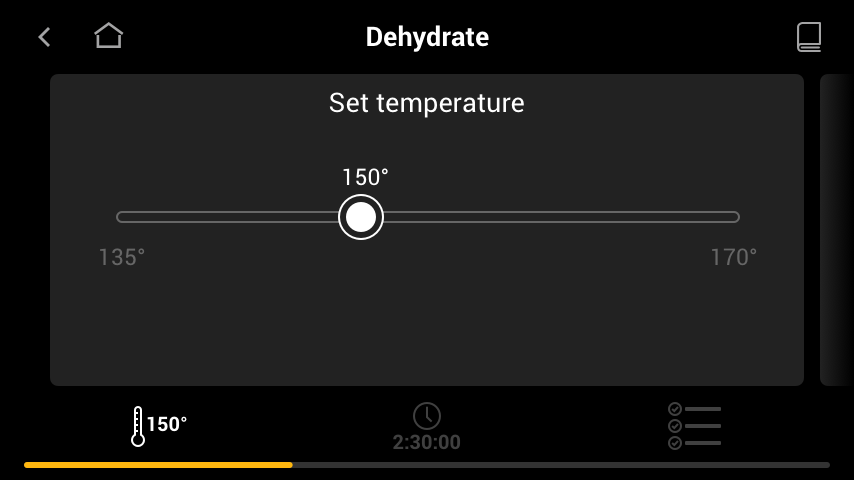 Oven UI for setting temperature for dehydrating ingredients using the temperature slider